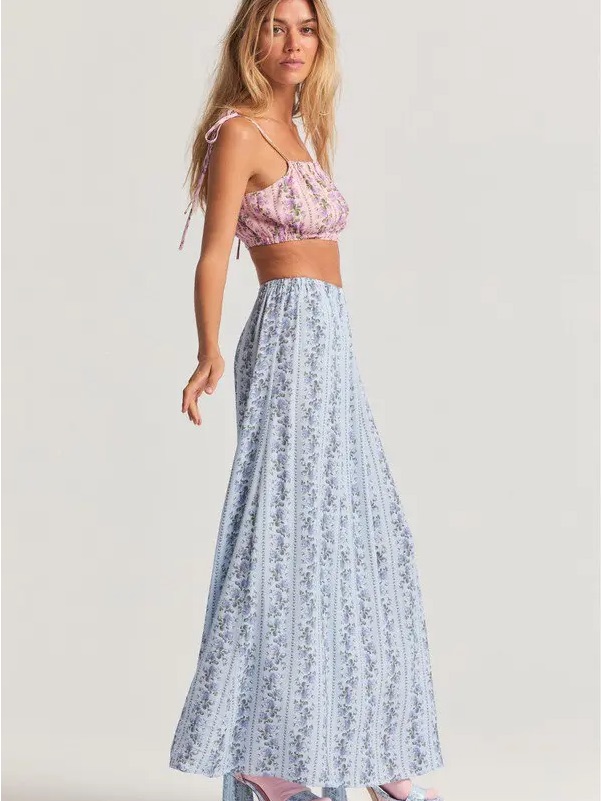 Loveshackfancy Jamila Blue Kalo Floral Stripe Petite Maxi Skirt Cotton Skies